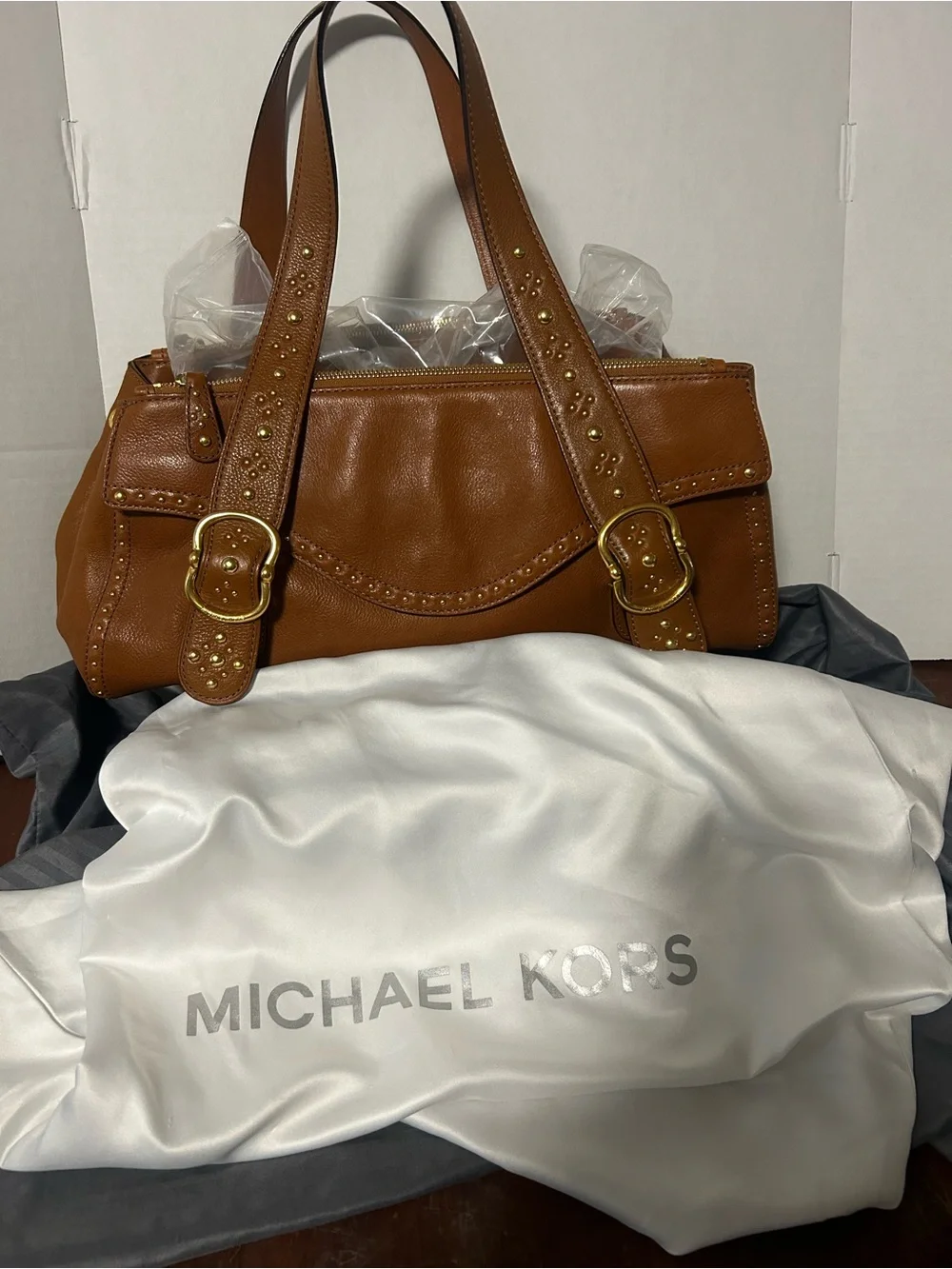 Michael Kors Brown Leather Shoulder Bag with Studded Straps and Gold Hardware